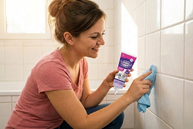 Happy woman using NuroClean gel to clean bathroom tiles easily