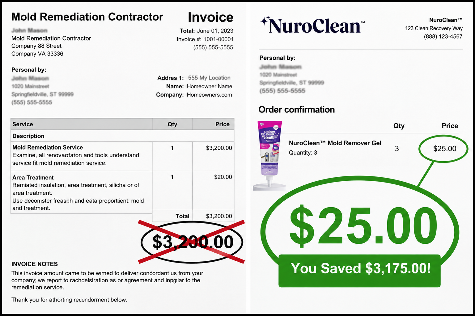 Mold remediation invoice of $3,200 compared to NuroClean order of $29.99